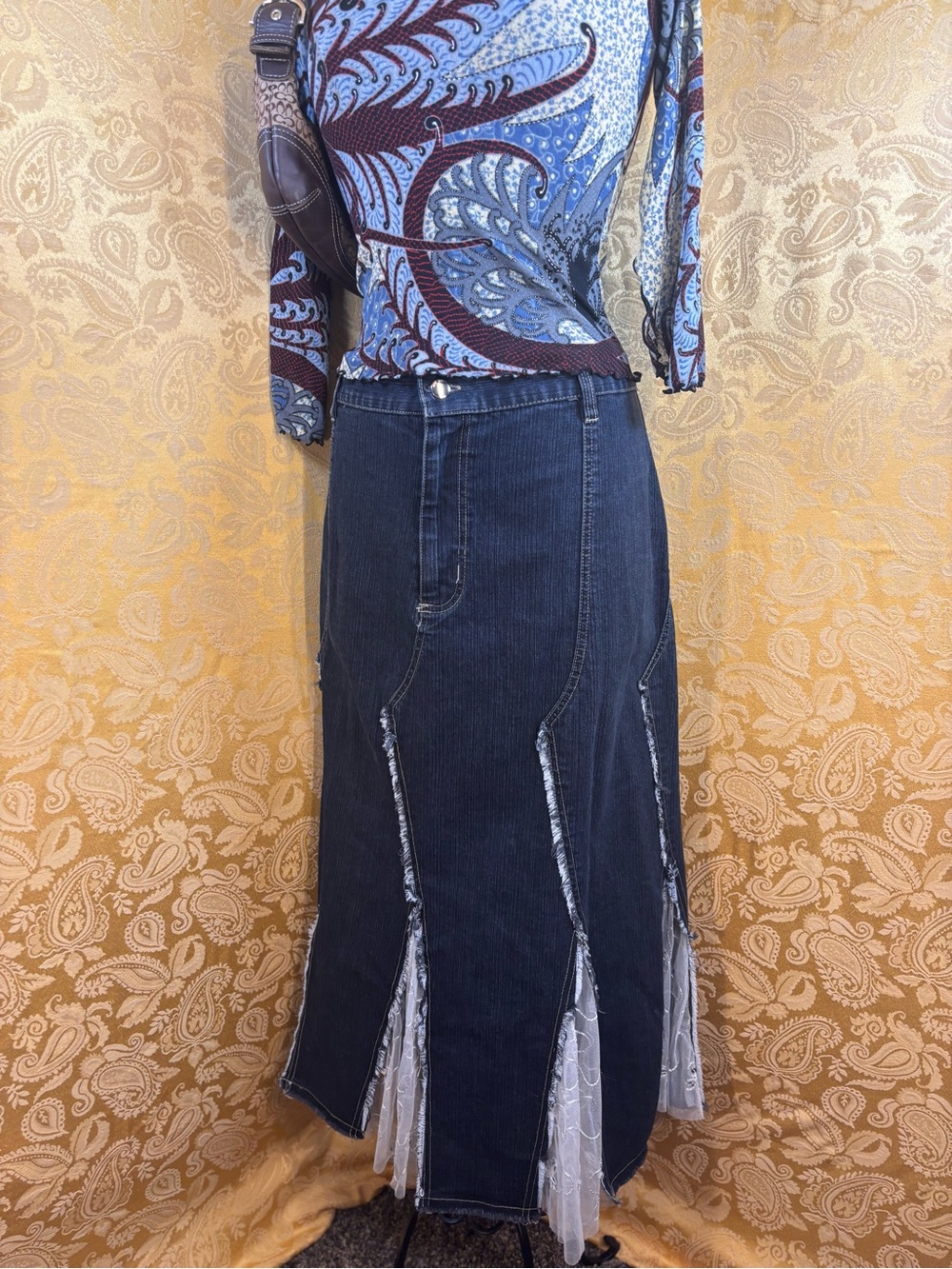 ✨Vintage Y2K Boho Dark Wash Denim Sequins Paneled Asymmetrical Fairy Maxi Skirt✨